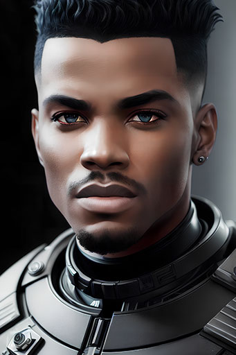 AI-enhanced digital portrait of a male cybernetics engineer turned space scout, piloting advanced reconnaissance vessels for AI developments in uncharted space
