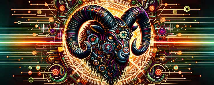 Against a backdrop of electric circuitry, the zodiac's ram emerges in a tapestry of Celtic knots and futuristic glyphs