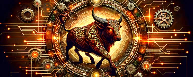 Within this digital tapestry, the bull stands resolute, a Celtic-infused silhouette against an intricate backdrop of technological motifs. 