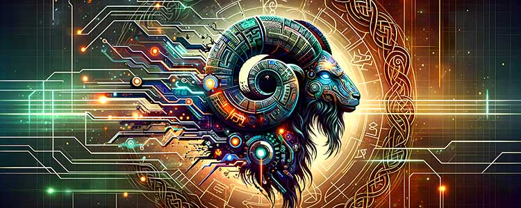 Against a backdrop of electric circuitry, the zodiac's ram emerges in a tapestry of Celtic knots and futuristic glyphs