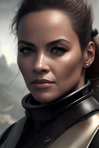 AI-generated portrait of a renowned female military strategist celebrated for zero-gravity combat maneuvers, influential in galactic military academies.