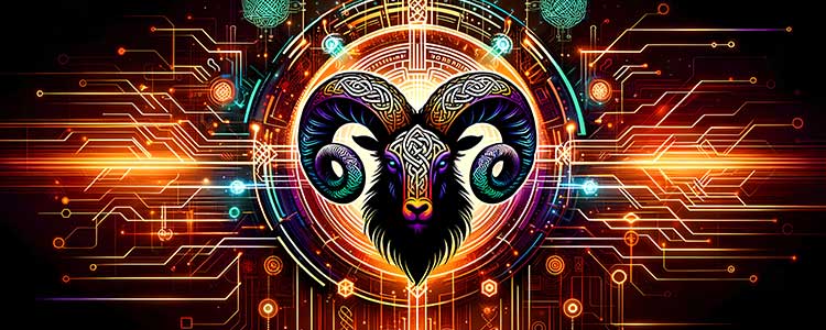 The zodiac's ram is viewed through a cybernetic lens, interweaving Celtic knotwork with pulsating circuitry.