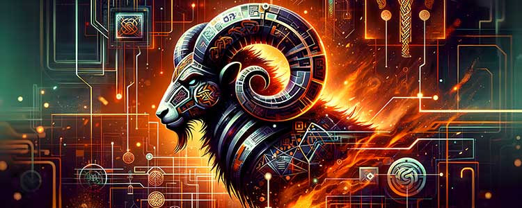 This artwork showcases a ram whose horns spiral into infinity, set against a backdrop of digital glyphs and Celtic motifs that pulse with the sign's pioneering and assertive energies.