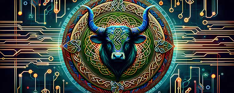 a majestic bull rendered in striking Celtic knotwork